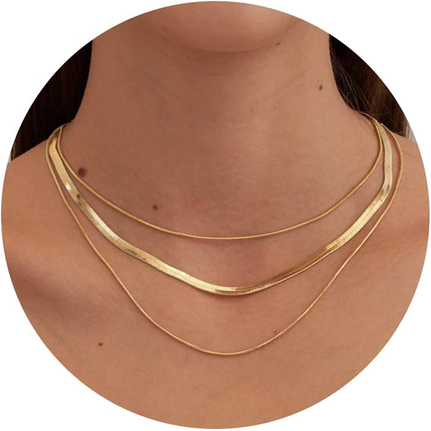 14K Gold/Silver Plated Snake Chain Necklace Herringbone Necklace Gold Choker Necklaces for Women Girl Gifts Jewelry 1.5/3/5MM(W) 14"/16"(L) 3layered 1.5mm 14inch/18inch&3mm