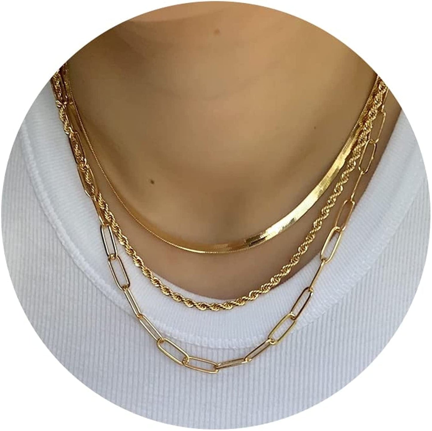 14K Gold/Silver Plated Snake Chain Necklace Herringbone Necklace Gold Choker Necklaces for Women Girl Gifts Jewelry 1.5/3/5MM(W) 14"/16"(L) 3layered rope+paperclip+herringbone