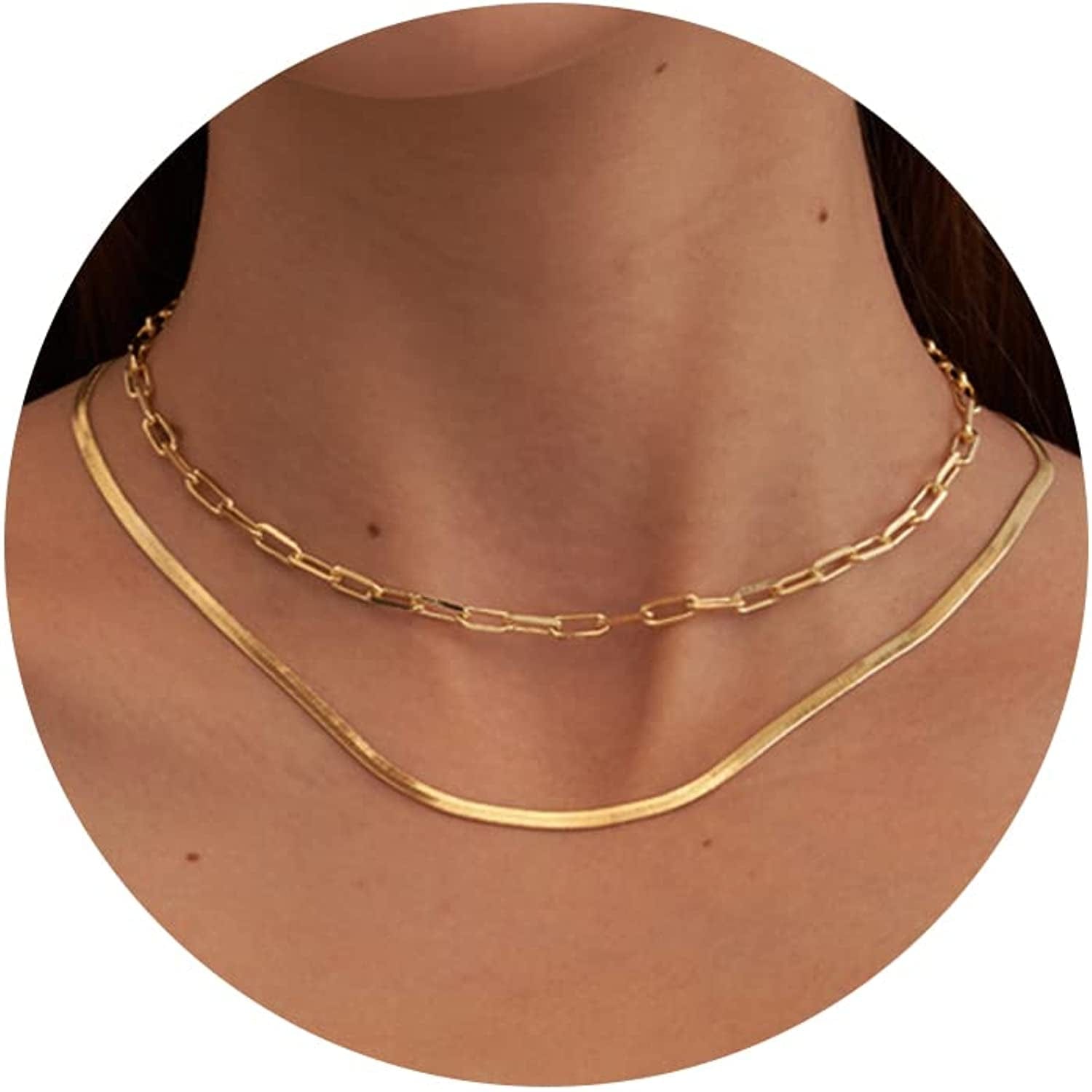 14K Gold/Silver Plated Snake Chain Necklace Herringbone Necklace Gold Choker Necklaces for Women Girl Gifts Jewelry 1.5/3/5MM(W) 14"/16"(L) layer paperclip&5mm Gold