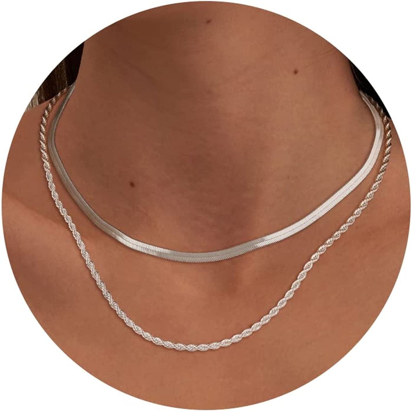 14K Gold/Silver Plated Snake Chain Necklace Herringbone Necklace Gold Choker Necklaces for Women Girl Gifts Jewelry 1.5/3/5MM(W) 14"/16"(L) layer rope/snake silver
