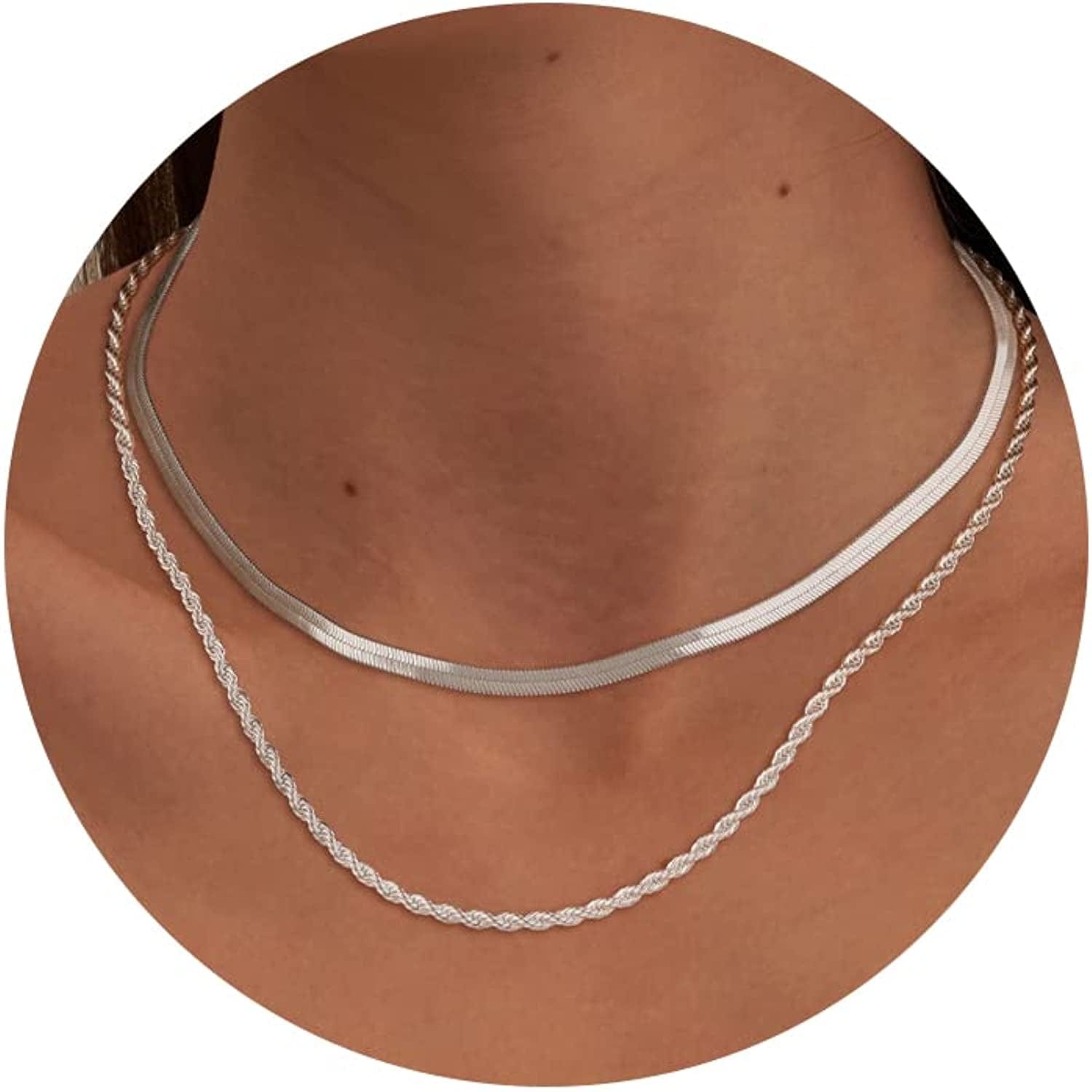 14K Gold/Silver Plated Snake Chain Necklace Herringbone Necklace Gold Choker Necklaces for Women Girl Gifts Jewelry 1.5/3/5MM(W) 14"/16"(L) layer rope/snake silver