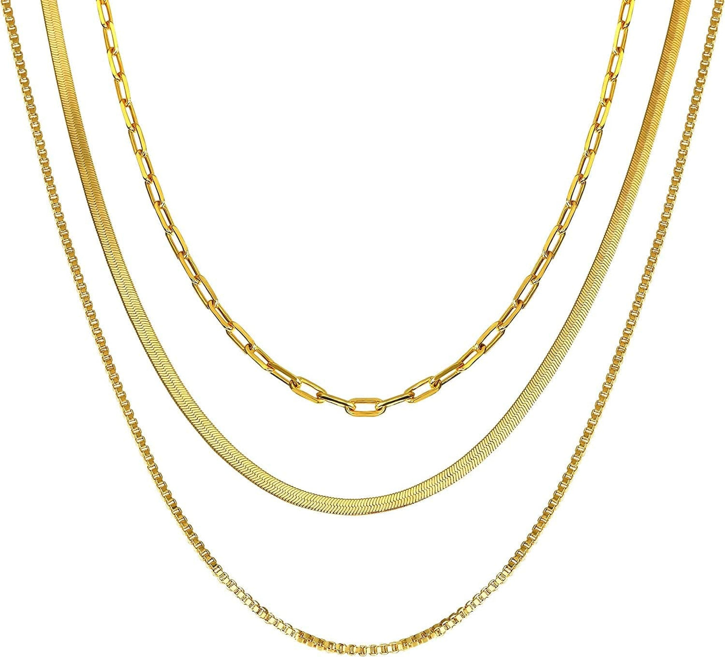 14K Gold/Silver Plated Snake Chain Necklace Herringbone Necklace Gold Choker Necklaces for Women Girl Gifts Jewelry 1.5/3/5MM(W) 14"/16"(L) 3 layered paperclip+ box+snake-gold