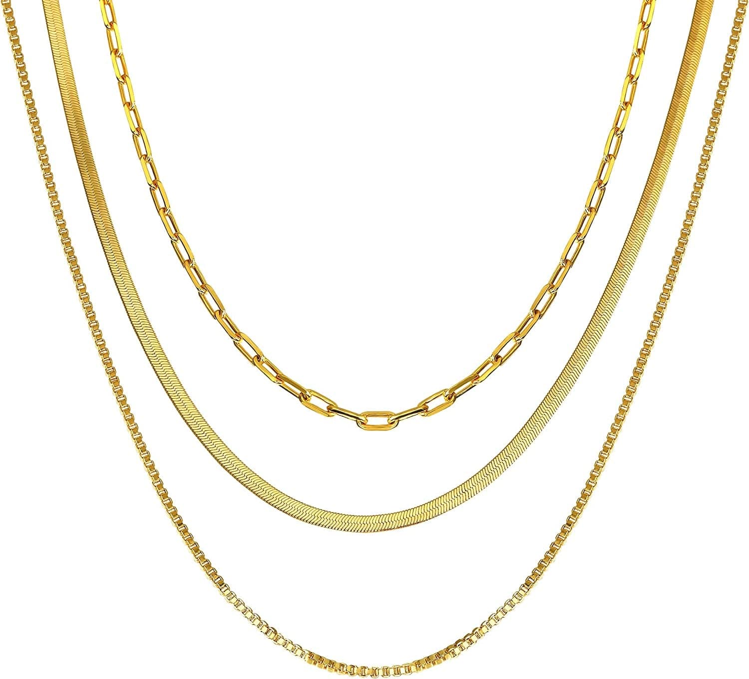 14K Gold/Silver Plated Snake Chain Necklace Herringbone Necklace Gold Choker Necklaces for Women Girl Gifts Jewelry 1.5/3/5MM(W) 14"/16"(L) 3 layered paperclip+ box+snake-gold