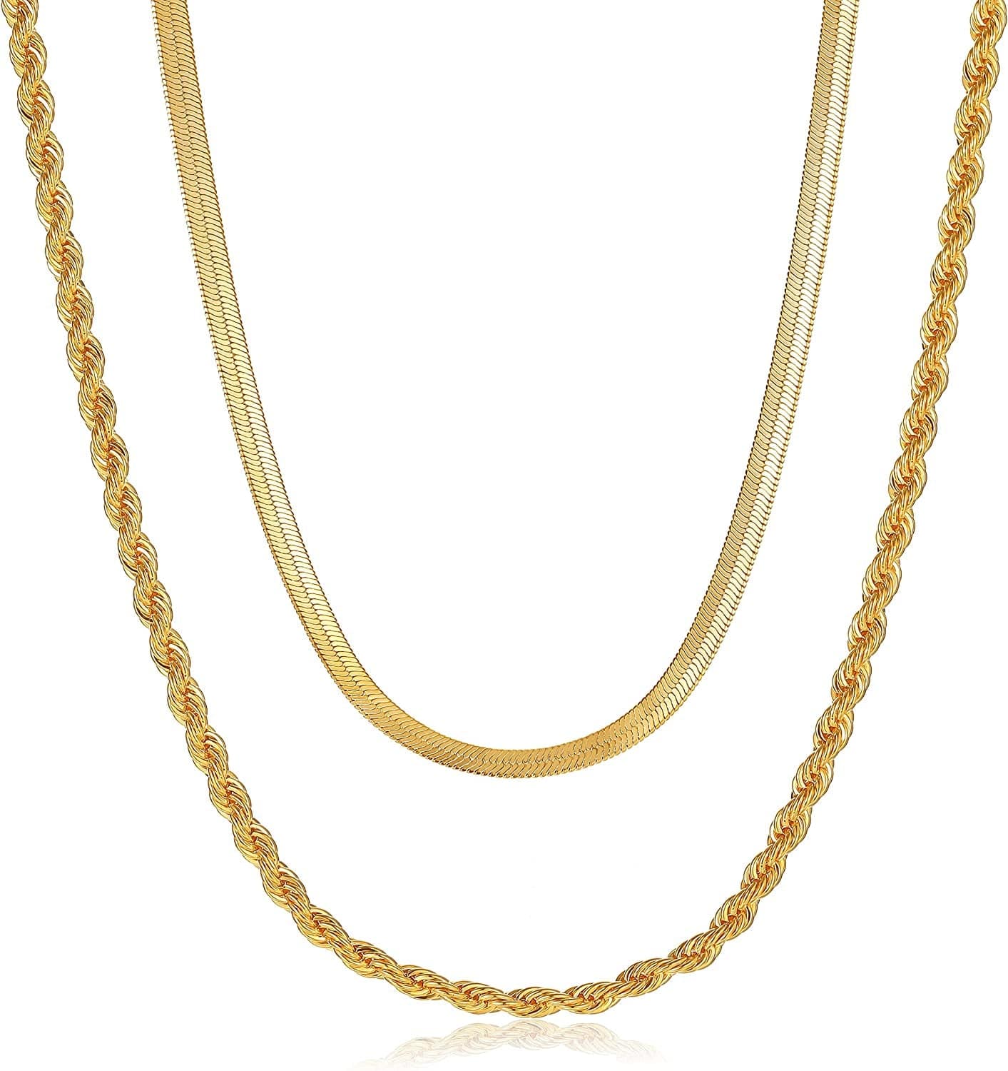 14K Gold/Silver Plated Snake Chain Necklace Herringbone Necklace Gold Choker Necklaces for Women Girl Gifts Jewelry 1.5/3/5MM(W) 14"/16"(L) layer 3mm&rope chain Gold