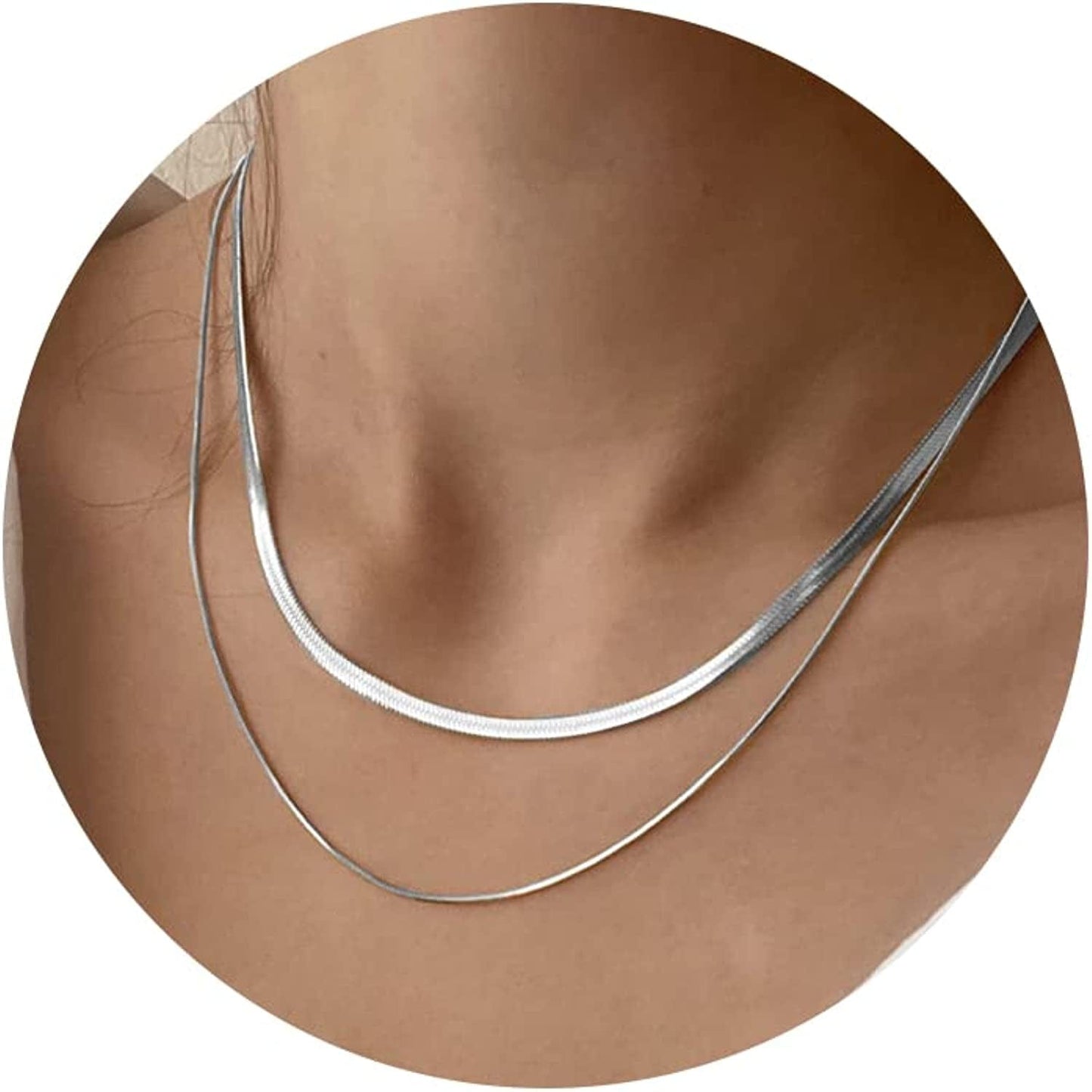 14K Gold/Silver Plated Snake Chain Necklace Herringbone Necklace Gold Choker Necklaces for Women Girl Gifts Jewelry 1.5/3/5MM(W) 14"/16"(L) layer 3mm&1.5mm Silver