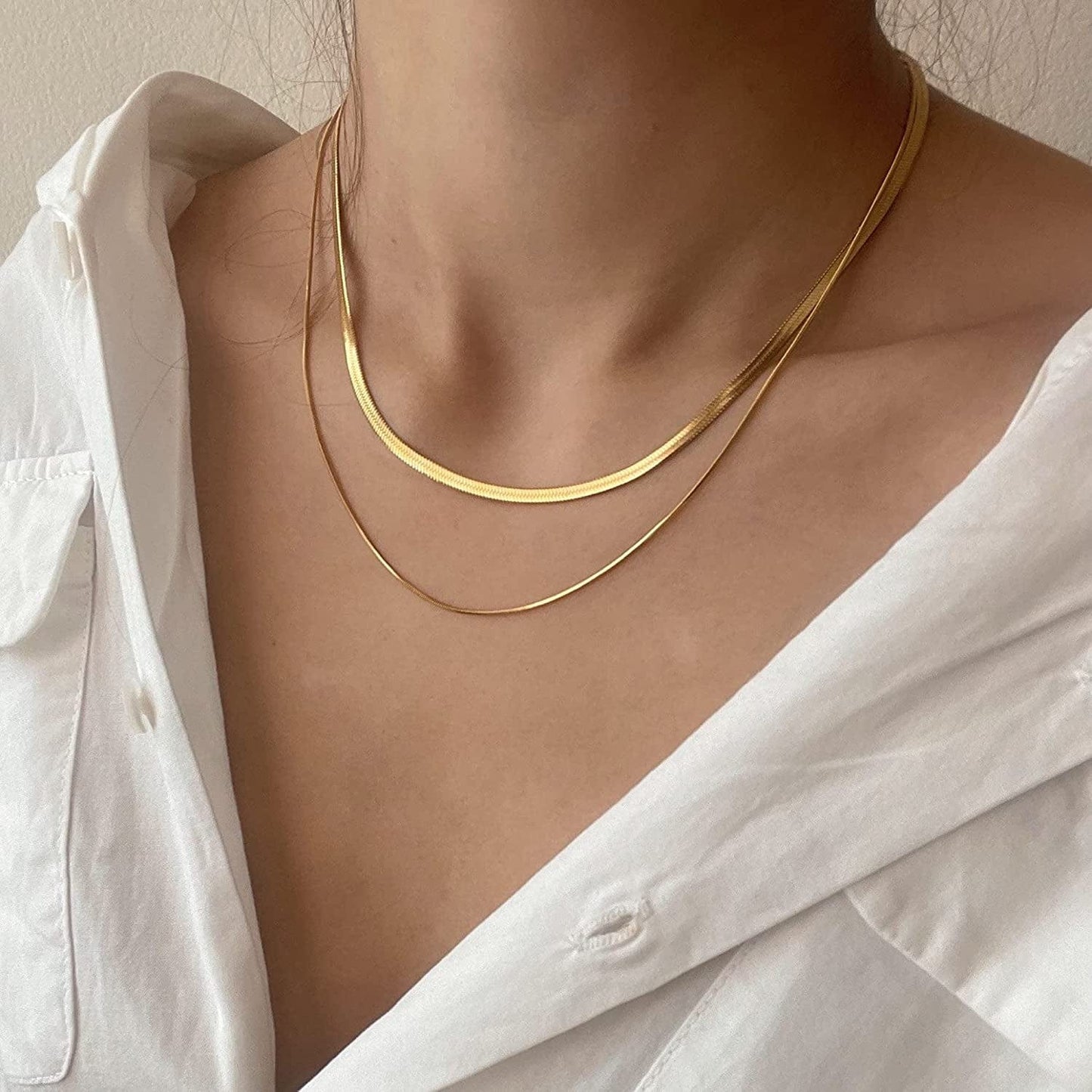 14K Gold/Silver Plated Snake Chain Necklace Herringbone Necklace Gold Choker Necklaces for Women Girl Gifts Jewelry 1.5/3/5MM(W) 14"/16"(L)