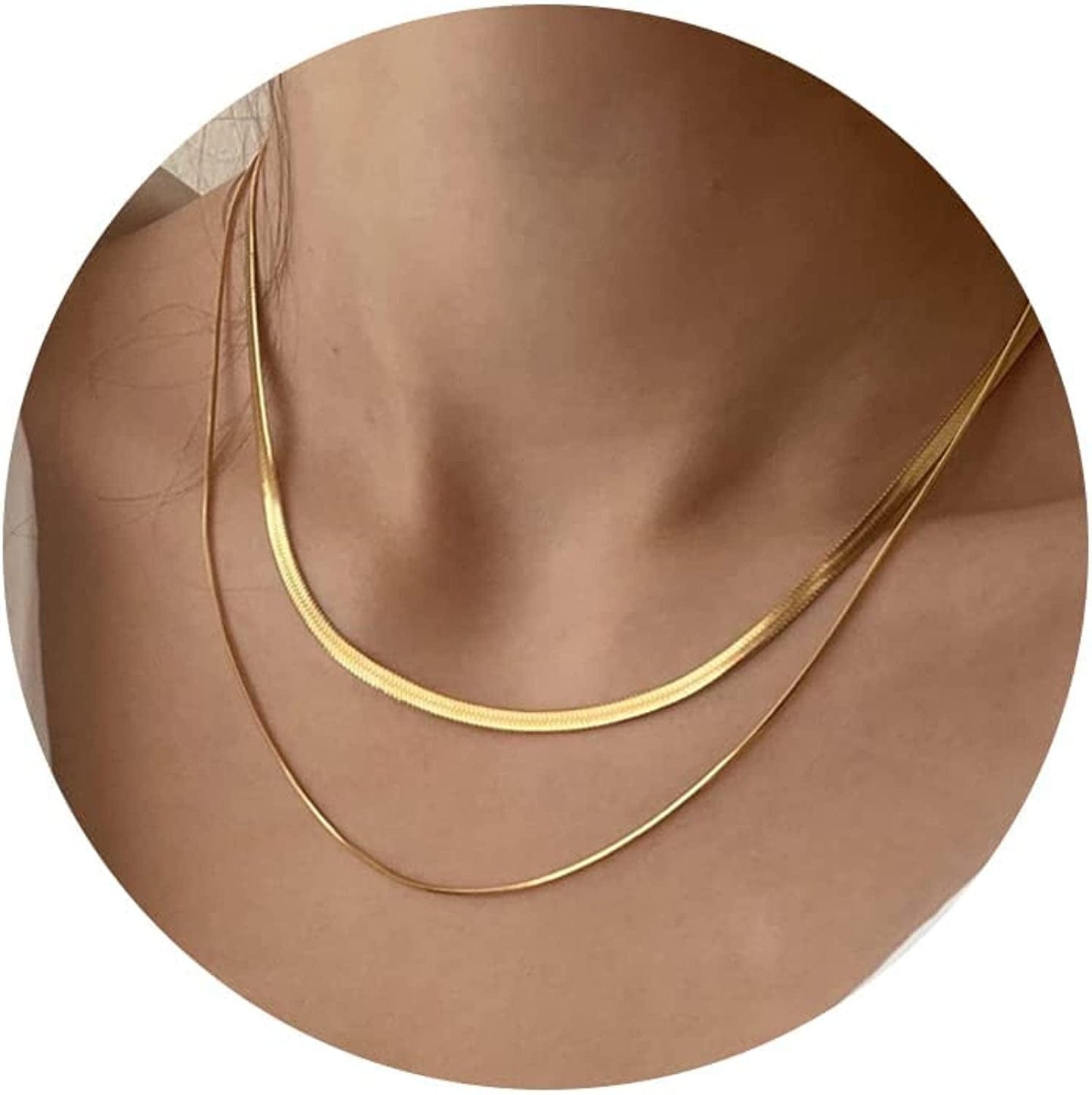 14K Gold/Silver Plated Snake Chain Necklace Herringbone Necklace Gold Choker Necklaces for Women Girl Gifts Jewelry 1.5/3/5MM(W) 14"/16"(L) layer 3mm&1.5mm Gold