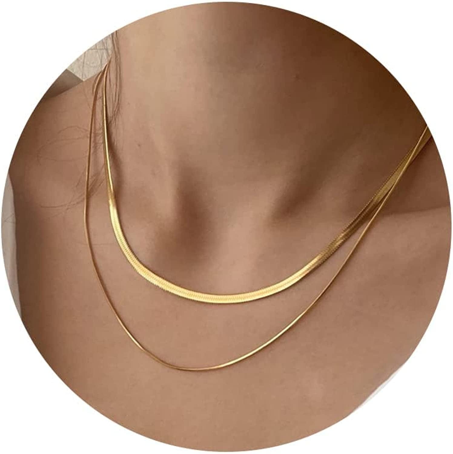 14K Gold/Silver Plated Snake Chain Necklace Herringbone Necklace Gold Choker Necklaces for Women Girl Gifts Jewelry 1.5/3/5MM(W) 14"/16"(L) layer 3mm&1.5mm Gold