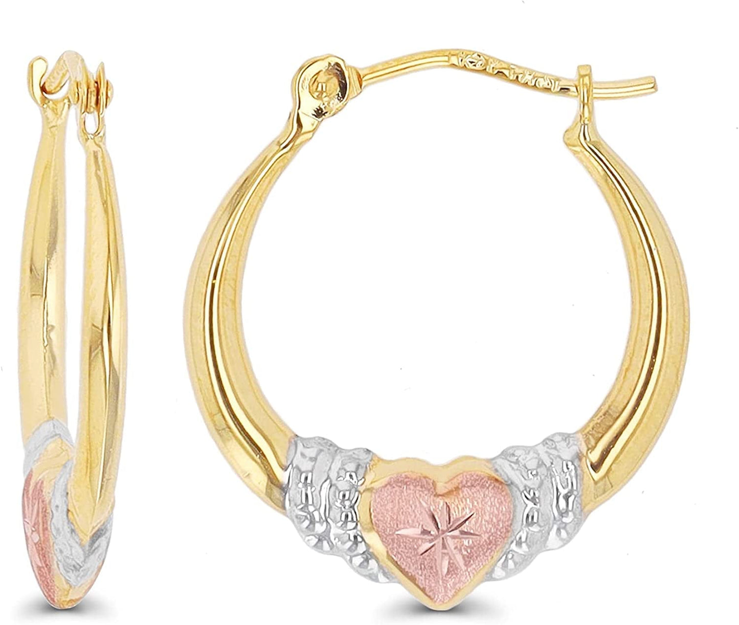 14K Gold Solid Hypoallergenic Heart Hoop Earrings - Tricolor Gold, Two Tone, Heart Shaped, Triple Heart, Shrimp Hoops Apparel & Accessories > Jewelry > Earrings DECADENCE Tricolor Heart-(2.70x18mm)