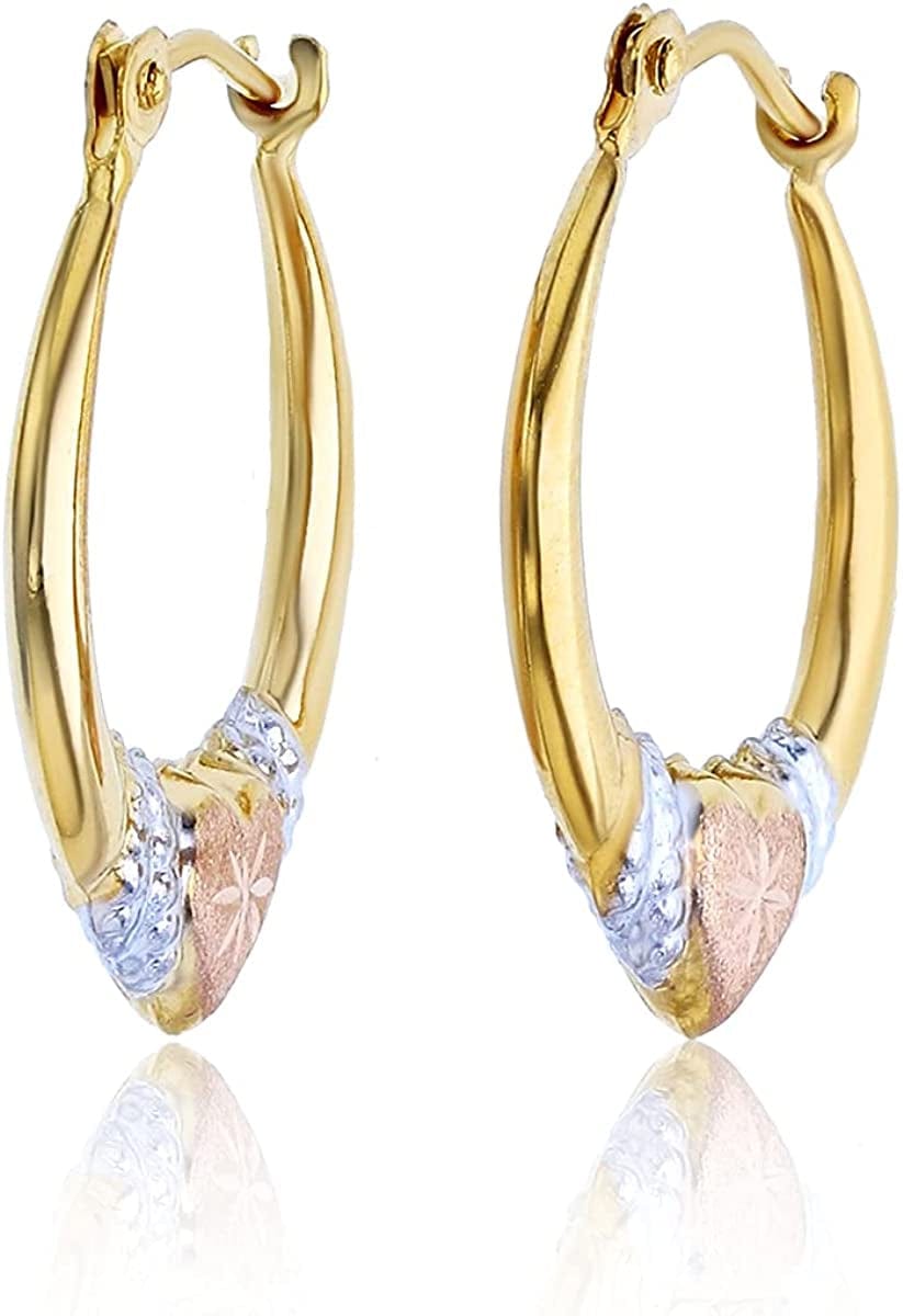 14K Gold Solid Hypoallergenic Heart Hoop Earrings - Tricolor Gold, Two Tone, Heart Shaped, Triple Heart, Shrimp Hoops Apparel & Accessories > Jewelry > Earrings DECADENCE