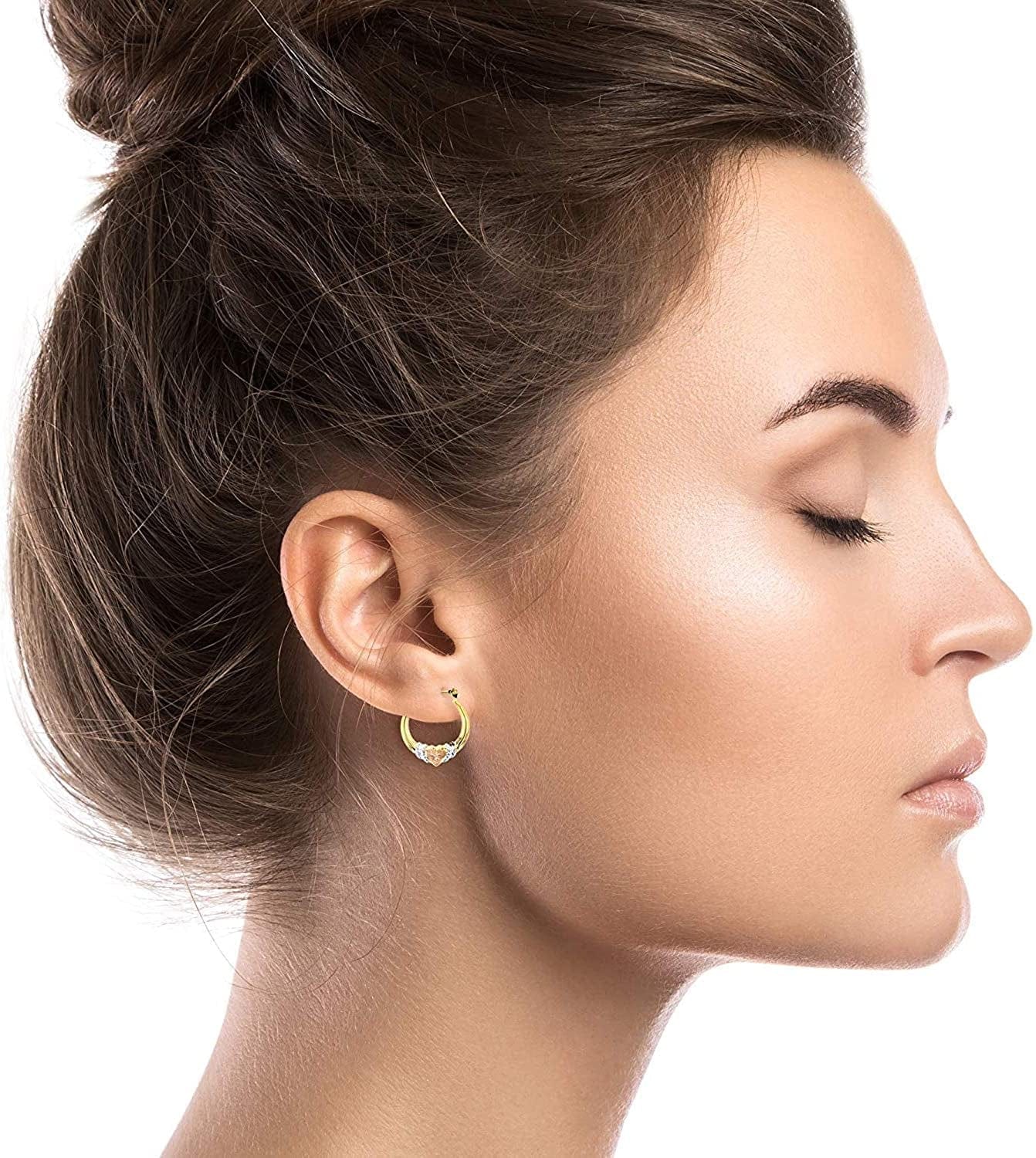 14K Gold Solid Hypoallergenic Heart Hoop Earrings - Tricolor Gold, Two Tone, Heart Shaped, Triple Heart, Shrimp Hoops Apparel & Accessories > Jewelry > Earrings DECADENCE