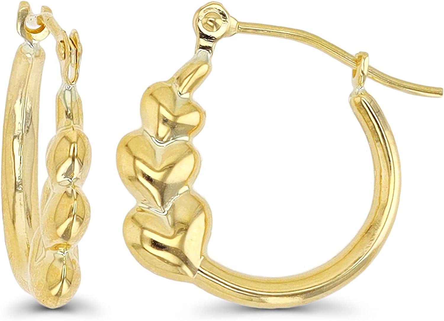 14K Gold Solid Hypoallergenic Heart Hoop Earrings - Tricolor Gold, Two Tone, Heart Shaped, Triple Heart, Shrimp Hoops Apparel & Accessories > Jewelry > Earrings DECADENCE Triple Heart-(2.50x15mm)