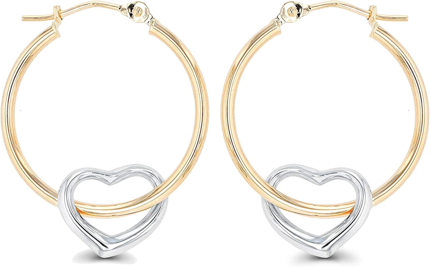 14K Gold Solid Hypoallergenic Heart Hoop Earrings - Tricolor Gold, Two Tone, Heart Shaped, Triple Heart, Shrimp Hoops Apparel & Accessories > Jewelry > Earrings DECADENCE Two Tone Heart-(1.50x25mm)