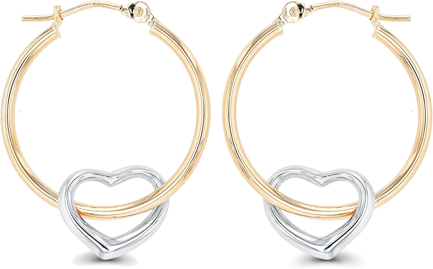 14K Gold Solid Hypoallergenic Heart Hoop Earrings - Tricolor Gold, Two Tone, Heart Shaped, Triple Heart, Shrimp Hoops Apparel & Accessories > Jewelry > Earrings DECADENCE Two Tone Heart-(1.50x25mm)