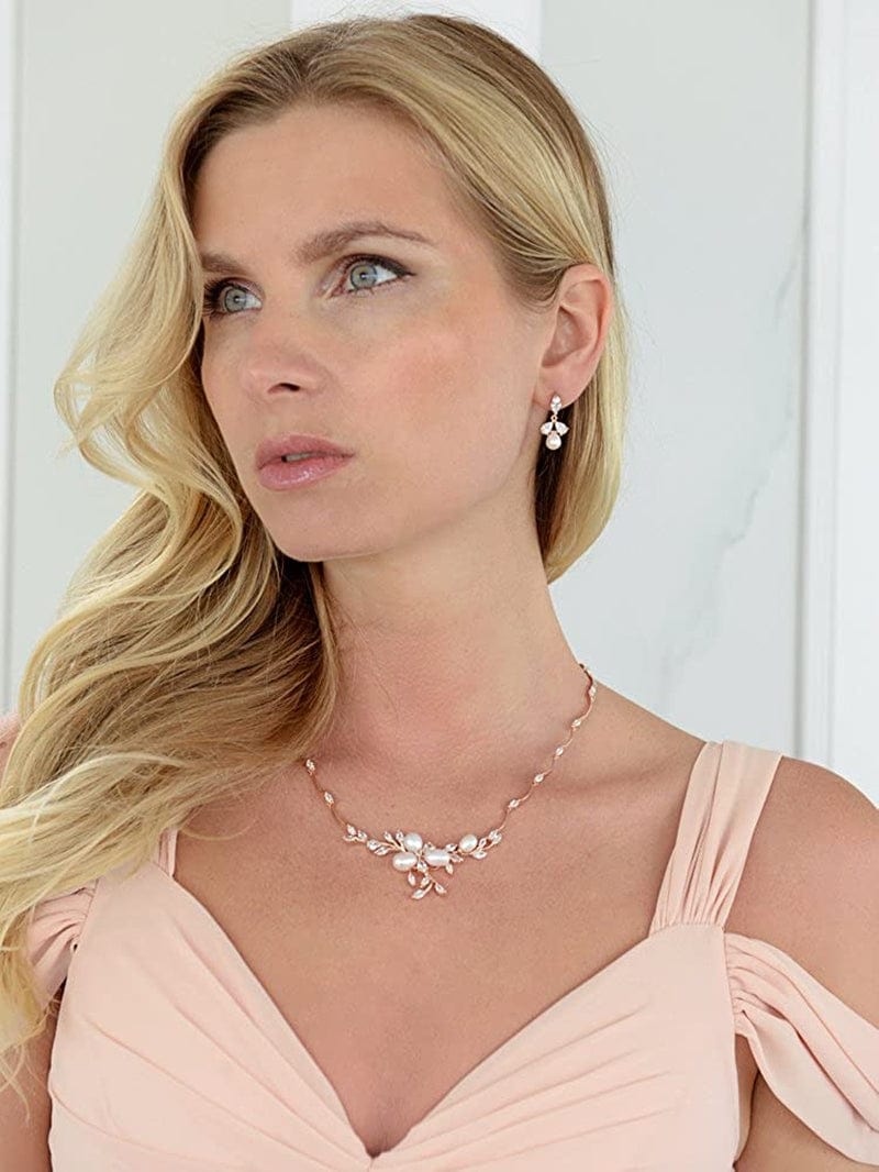 14K Rose Gold Plated CZ Bridal Wedding Freshwater Pearl Necklace and Earrings Jewelry Set