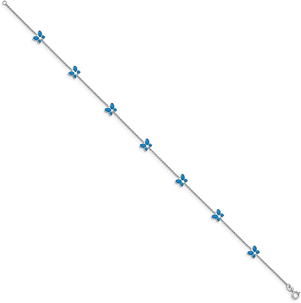 14K White Gold Blue Enameled Butterfly 10 Inch Anklet Ankle Beach Chain Bracelet Insect Arachnid Fine Jewelry for Women Gifts for Her Apparel & Accessories > Jewelry > Anklets ICE CARATS