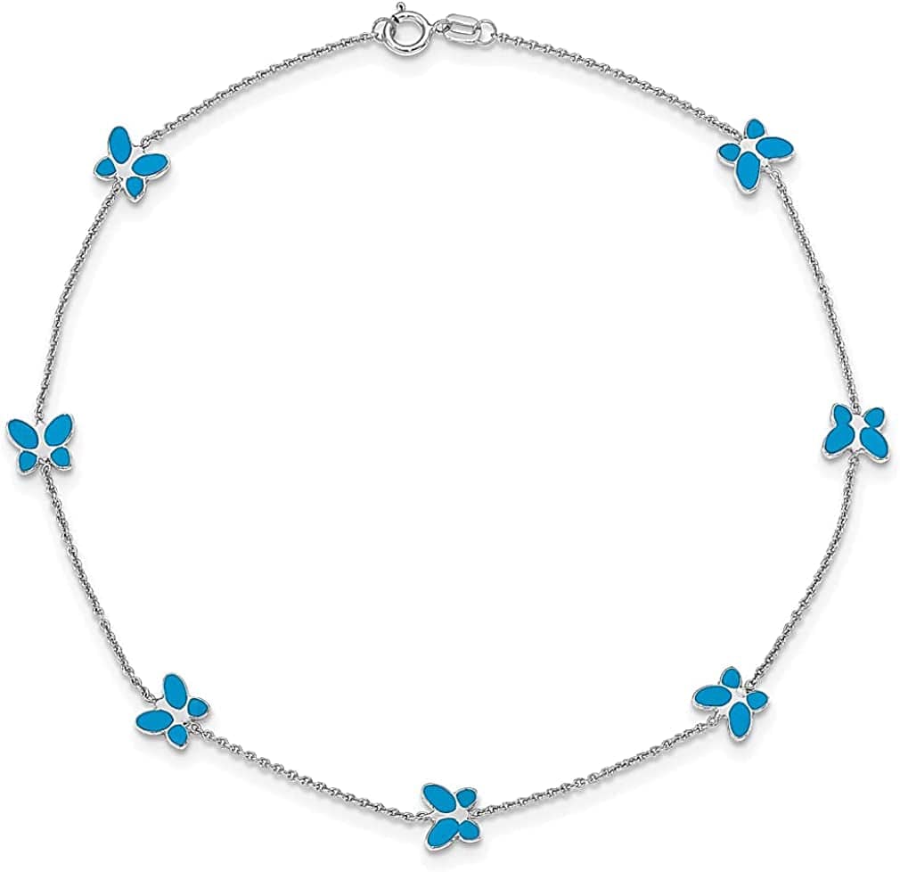14K White Gold Blue Enameled Butterfly 10 Inch Anklet Ankle Beach Chain Bracelet Insect Arachnid Fine Jewelry for Women Gifts for Her Apparel & Accessories > Jewelry > Anklets ICE CARATS