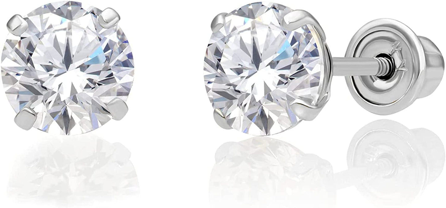 14K White Gold Solitaire round Cubic Zirconia CZ Stud Earrings in Secure Screw-Backs 5mm