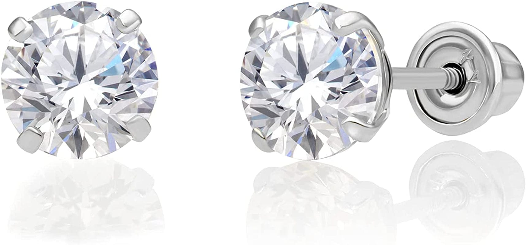 14K White Gold Solitaire round Cubic Zirconia CZ Stud Earrings in Secure Screw-Backs 5mm