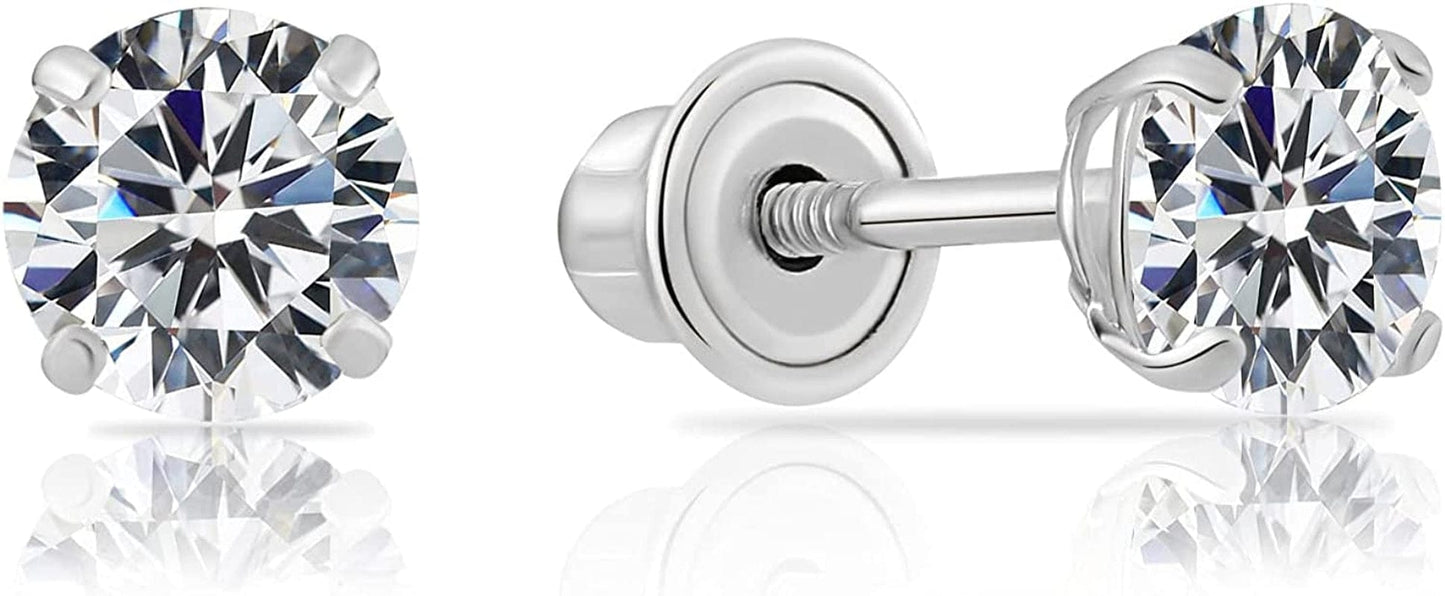 14K White Gold Solitaire round Cubic Zirconia CZ Stud Earrings in Secure Screw-Backs 4mm