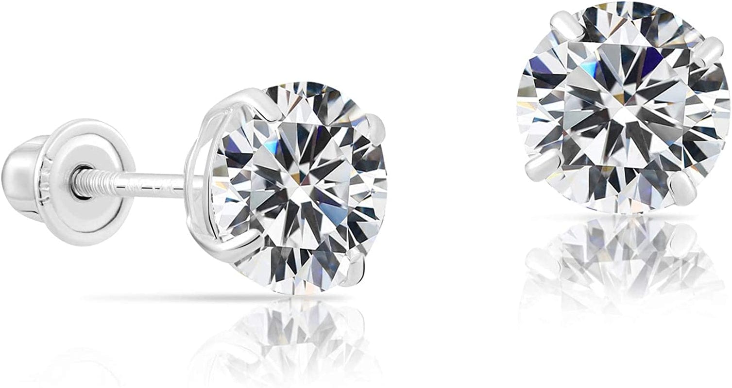 14K White Gold Solitaire round Cubic Zirconia CZ Stud Earrings in Secure Screw-Backs 7mm