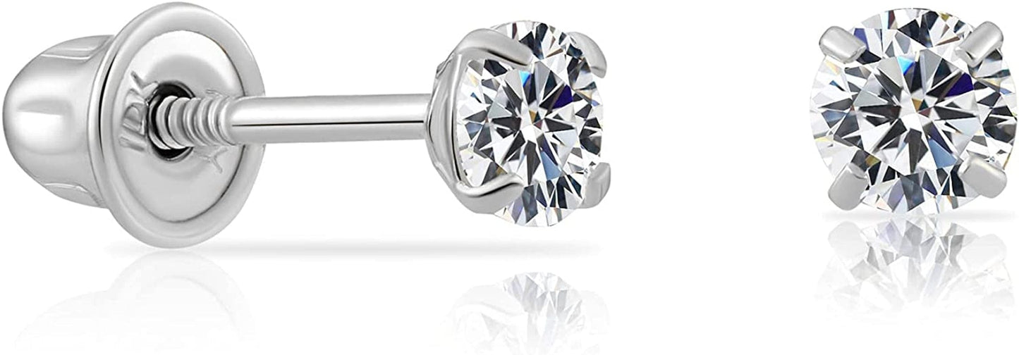 14K White Gold Solitaire round Cubic Zirconia CZ Stud Earrings in Secure Screw-Backs 3mm