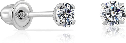 14K White Gold Solitaire round Cubic Zirconia CZ Stud Earrings in Secure Screw-Backs 3mm