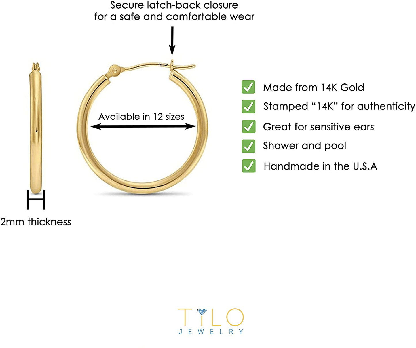 14k Yellow Gold Classic Shiny Polished Round Hoop Earrings, 2mm tube Arts & Entertainment > Party & Celebration > Gift Giving TILO JEWELRY
