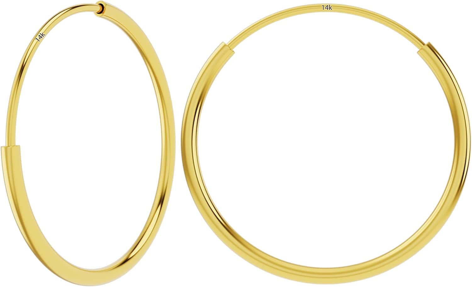 14K Yellow Gold Endless Hoop Earrings round Flexible Thin Small Little Continuous Real Pure Gold Hoops 30mm