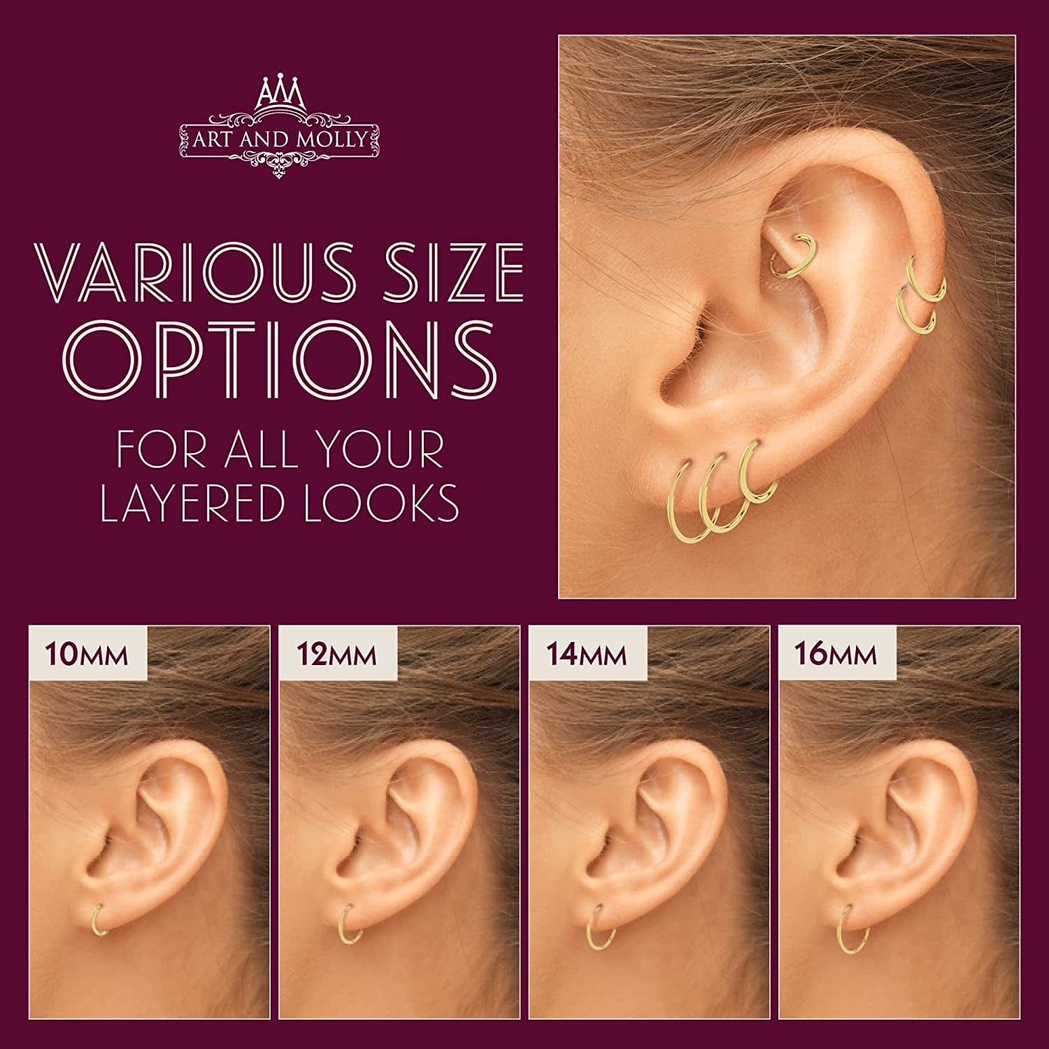 14K Yellow Gold Endless Hoop Earrings round Flexible Thin Small Little Continuous Real Pure Gold Hoops