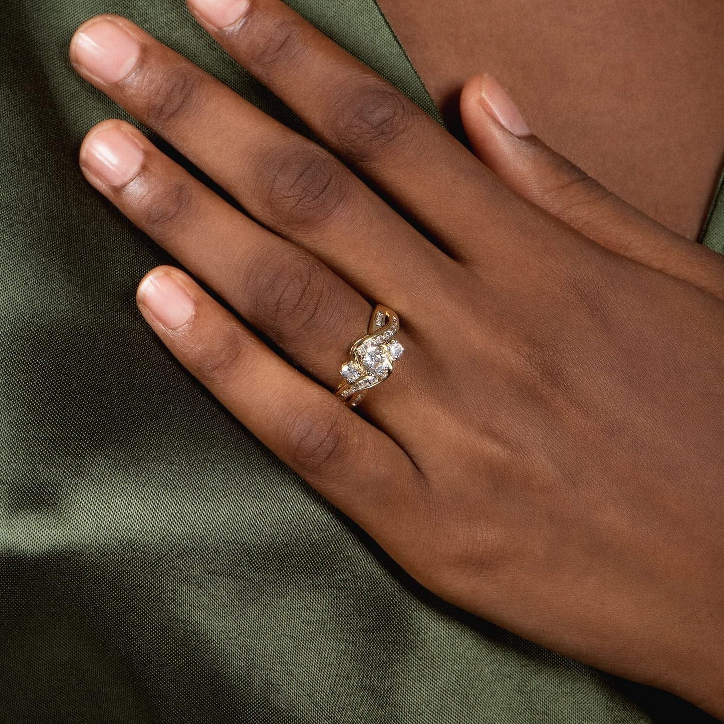 14K Yellow Gold over Sterling Silver 3 Stone round Created White Sapphire and Natural White round Diamond Accent Ring