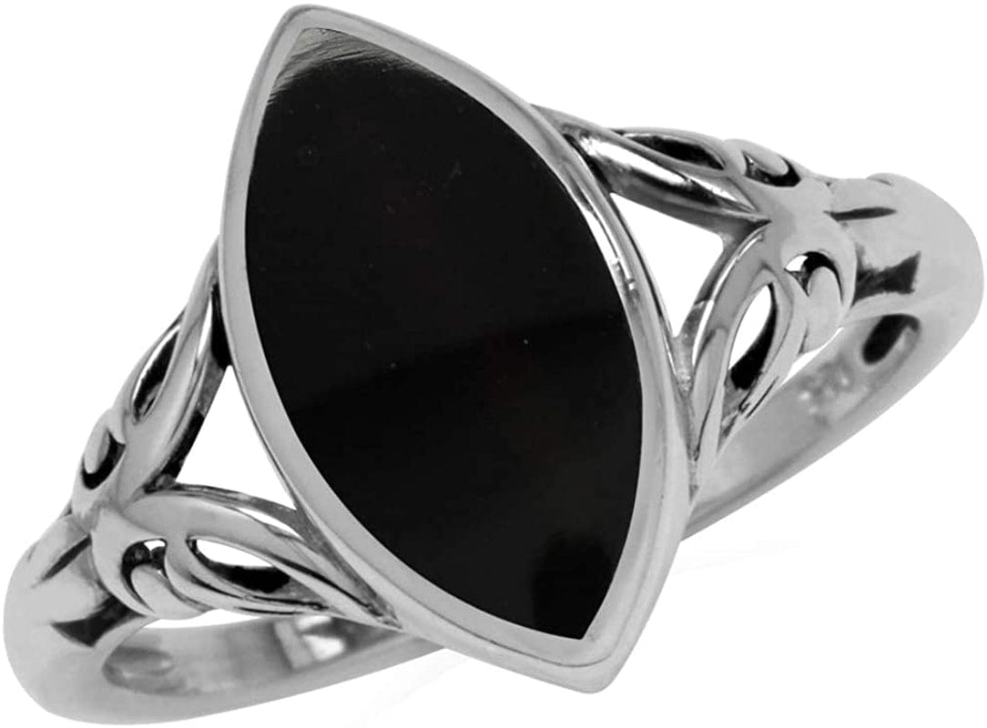 14X7Mm Natural Marquise Shape Black Onyx 925 Sterling Silver Filigree Ring 6.5