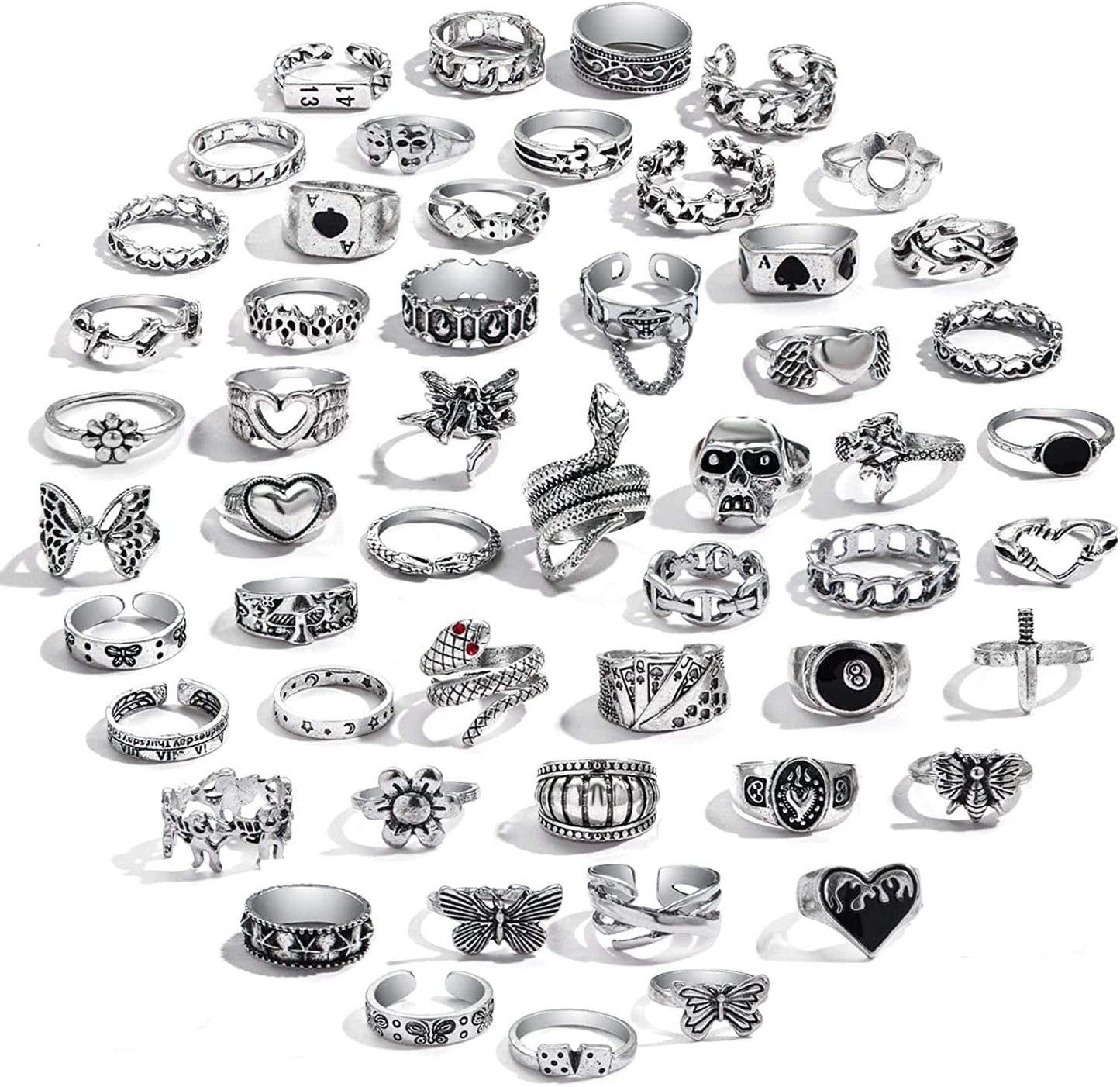 15-63 PCS Vintage Silver Knuckle Rings Set for Women Teen Girl, Stackable Joint Finger Statement Rings Bohemian Retro Hollow Carved Midi Rings, Boho Y2K Snake Butterfly Heart Chunky Stacking Rings Pack 53Pcs Vintage Silver