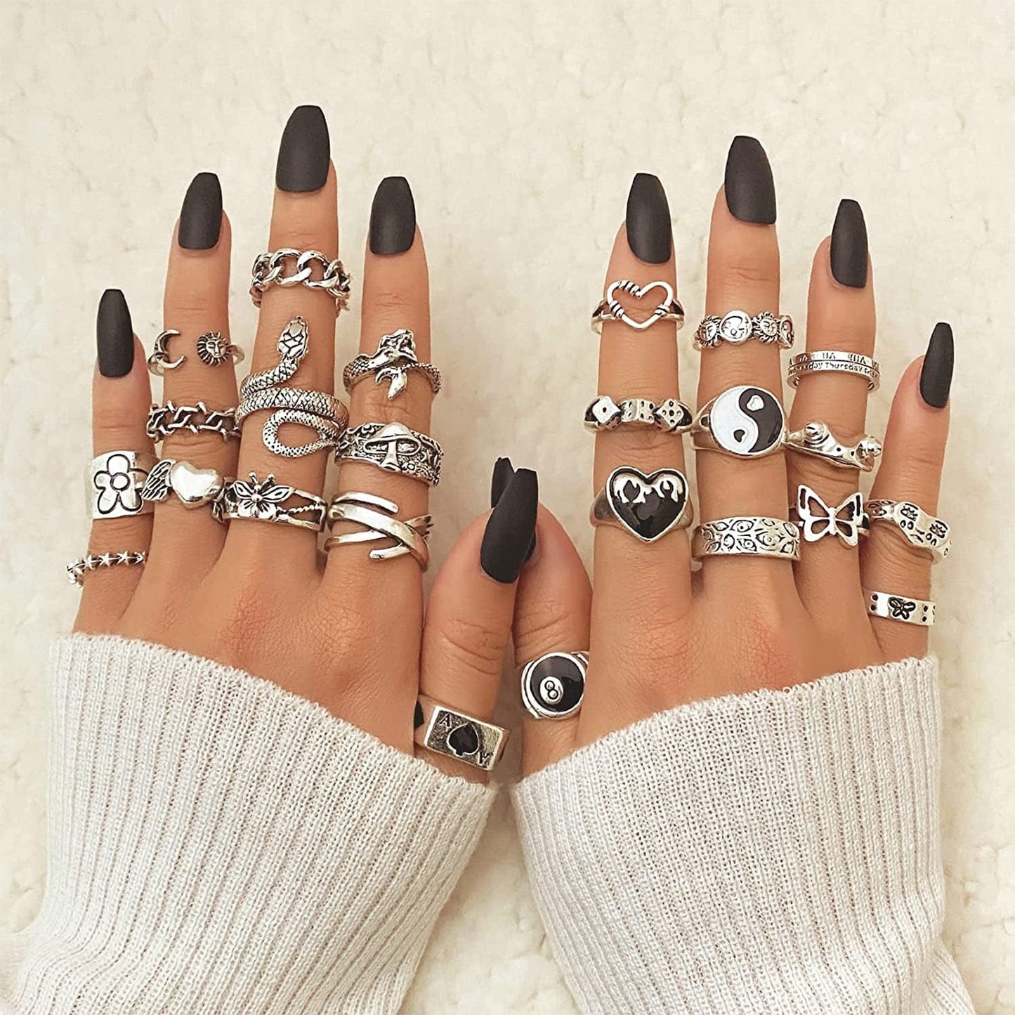 15-63 PCS Vintage Silver Knuckle Rings Set for Women Teen Girl, Stackable Joint Finger Statement Rings Bohemian Retro Hollow Carved Midi Rings, Boho Y2K Snake Butterfly Heart Chunky Stacking Rings Pack