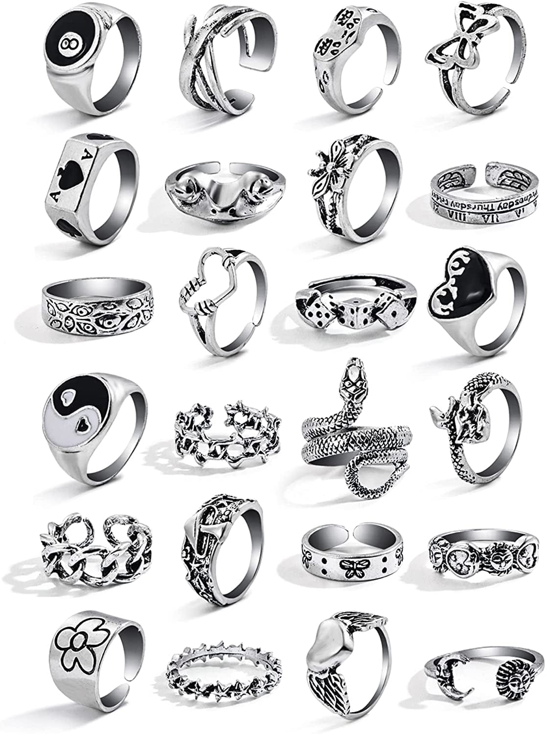 15-63 PCS Vintage Silver Knuckle Rings Set for Women Teen Girl, Stackable Joint Finger Statement Rings Bohemian Retro Hollow Carved Midi Rings, Boho Y2K Snake Butterfly Heart Chunky Stacking Rings Pack