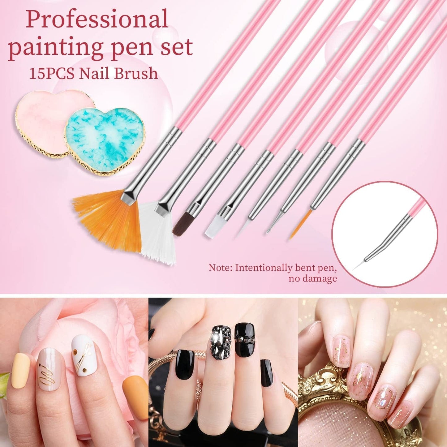 15 Pcs Nail Art Brushes with 2 Pcs Heart Resin Nail Art Palette, Nail Art Painting Tools for Nail Art Home Salon (Multicolor) Health & Beauty > Personal Care > Cosmetics > Cosmetic Tools > Nail Tools Pengxiaomei