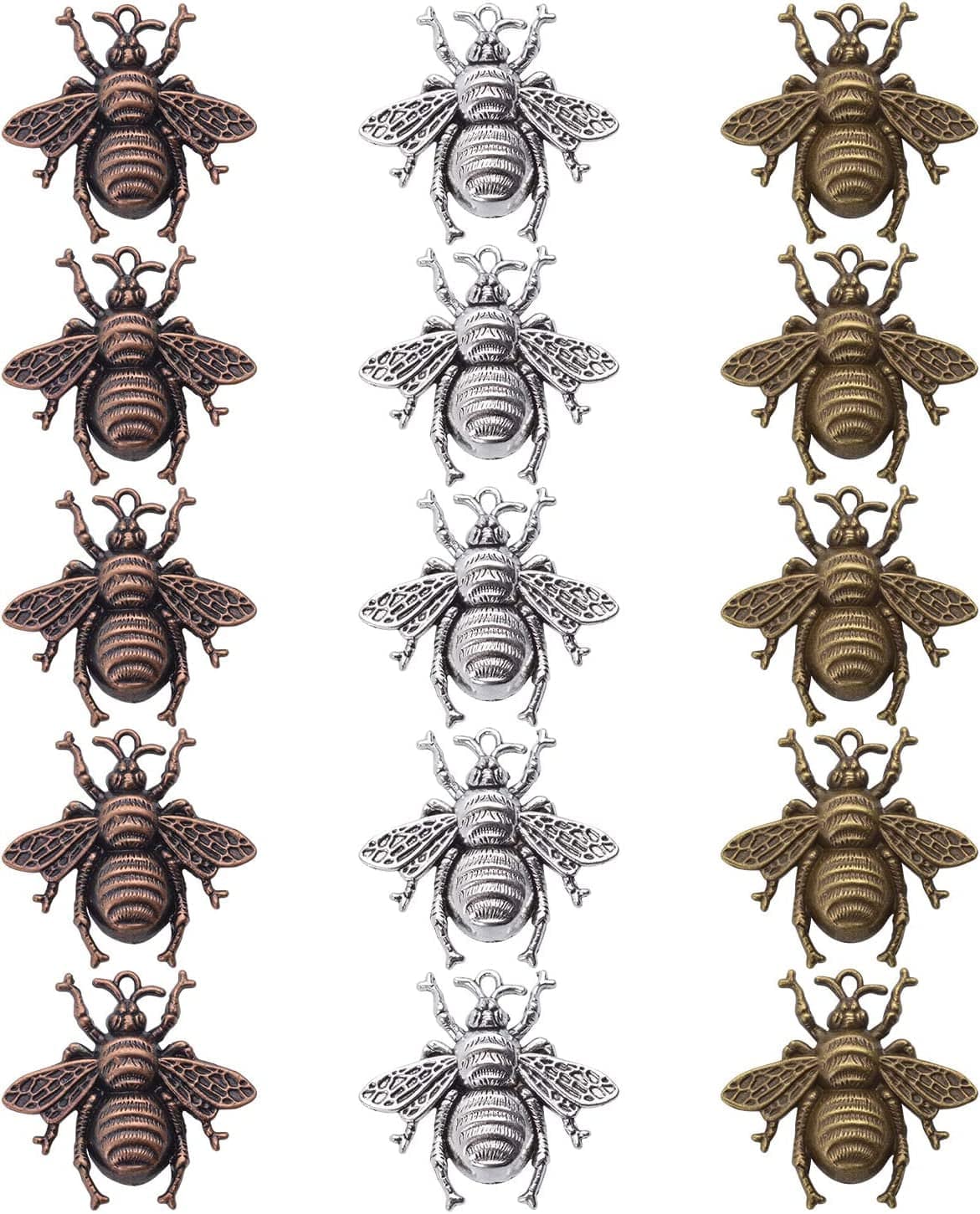 15 Pieces Bee Pendants, Honeybee Charms Fly Insect Charm Metal Jewelry Findings for Jewelry Making DIY, Antique Silver, Antique Bronze and Antique Gold Color Style2