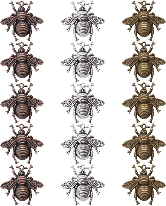 15 Pieces Bee Pendants, Honeybee Charms Fly Insect Charm Metal Jewelry Findings for Jewelry Making DIY, Antique Silver, Antique Bronze and Antique Gold Color Style2