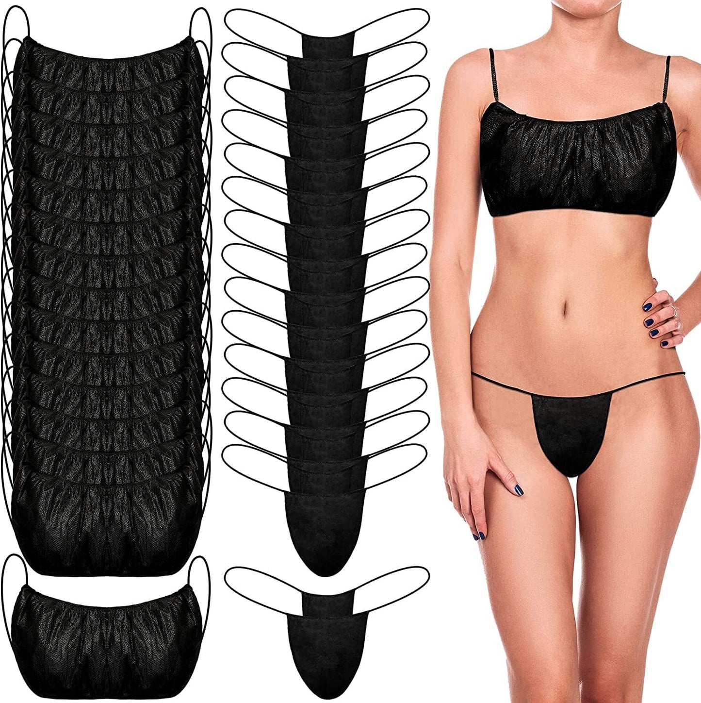 150 Pieces Disposable Bra and Underwear for Spa, Disposable Underwear for Women, Disposable Spa Underwear Brassieres and Disposable Thong Panties for Spray Tanning, Individually Pack (Black)