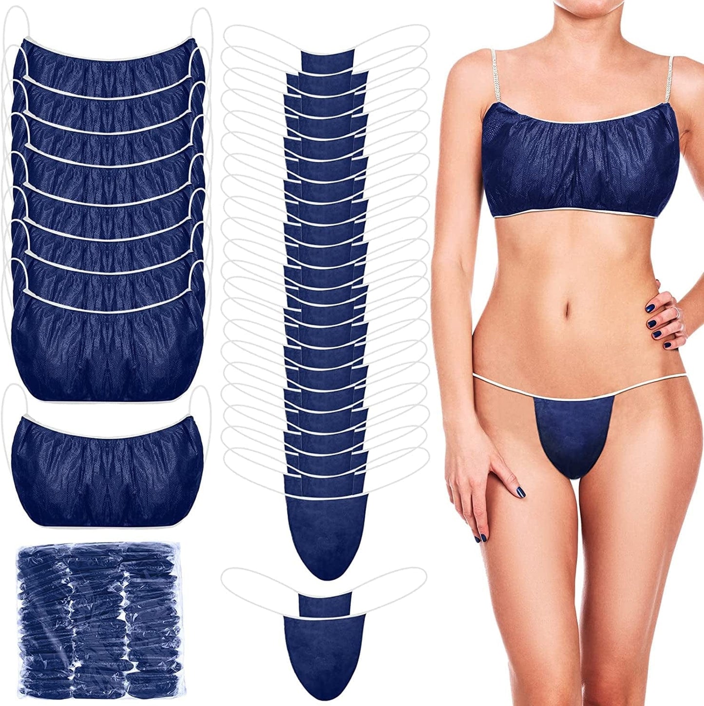 150 Pieces Disposable Bras and Panties Set Included 50 Pieces Bras 100 Pieces Thong for Women, Individually Wrapped Navy