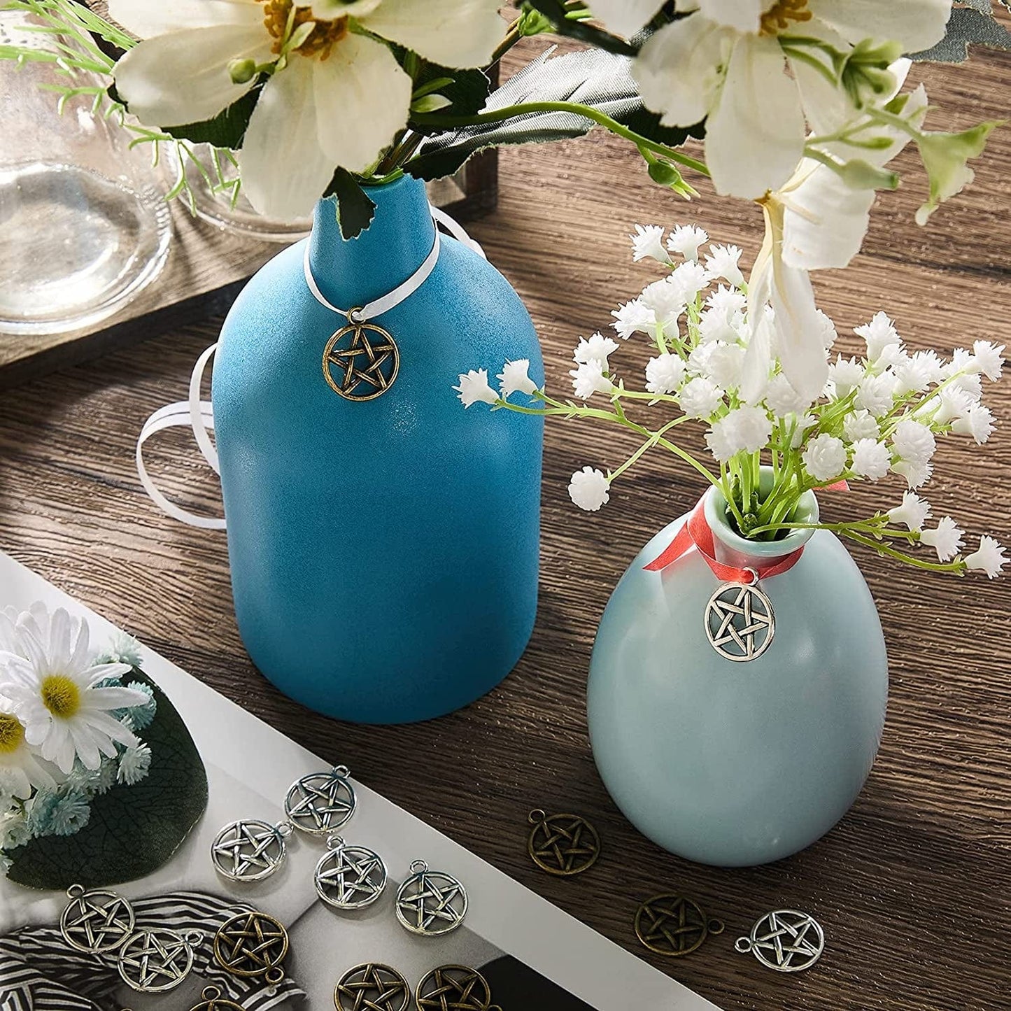 150 Pieces Pentacle Star Charms Pendant Pentacle Star Protection Lucky Pentagram Charms Jewelry Making Accessory for Necklace Bracelet Earring Keychain, Antique Silver Bronze