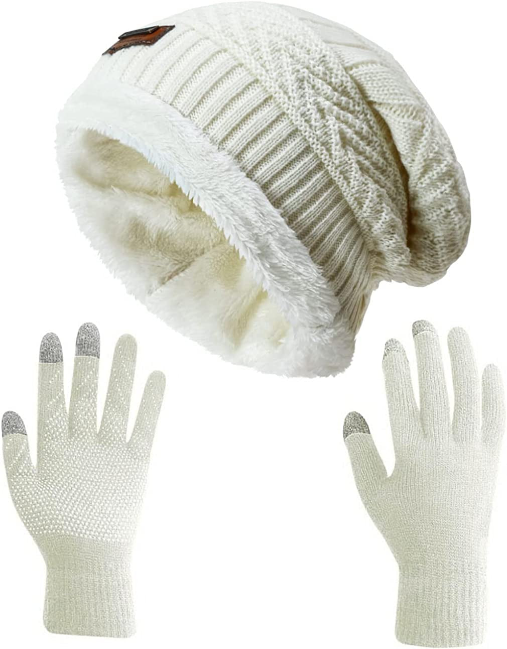 HINDAWI Winter Slouchy Beanie Gloves for Women Knit Hats Skull Caps Touch Screen Mittens Apparel & Accessories > Clothing Accessories > Gloves & Mittens HINDAWI Hat+gloves (White)