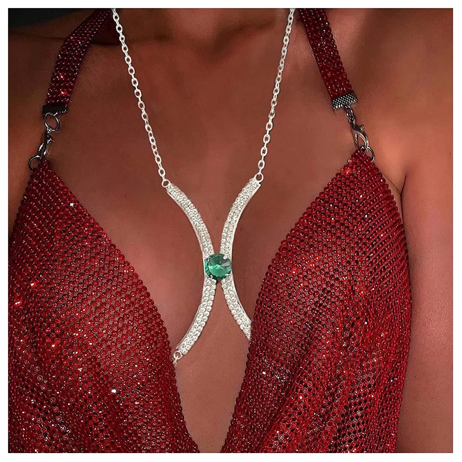 Silver Rhinestone Chest Bracket Bra Chain Body Jewelry Bikini Crystal Body Chain Rhinestone Bra Underwear Chain Sexy Lingerie Chest Chain for Women(Chest Bracket Chain) Apparel & Accessories > Jewelry > Body Jewelry Cusmyre
