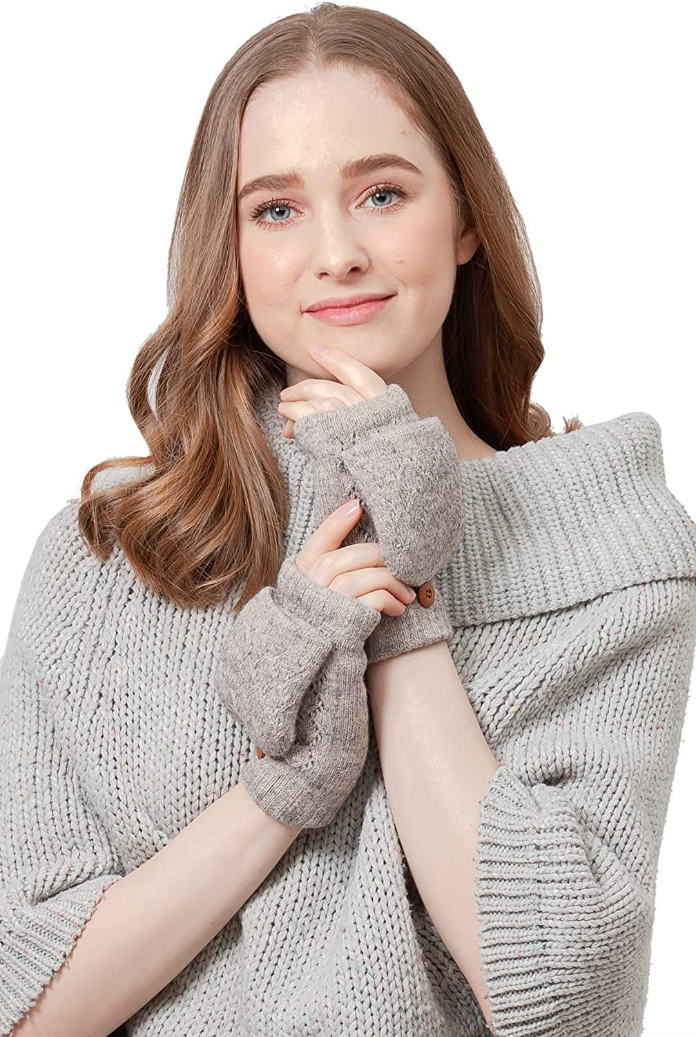 BYOS Women'S Winter Cozy Diamond Pattern Fleece Lined Flip Top Convertible Knit Gloves Mittens Apparel & Accessories > Clothing Accessories > Gloves & Mittens Be Your Own Style Heather Beige