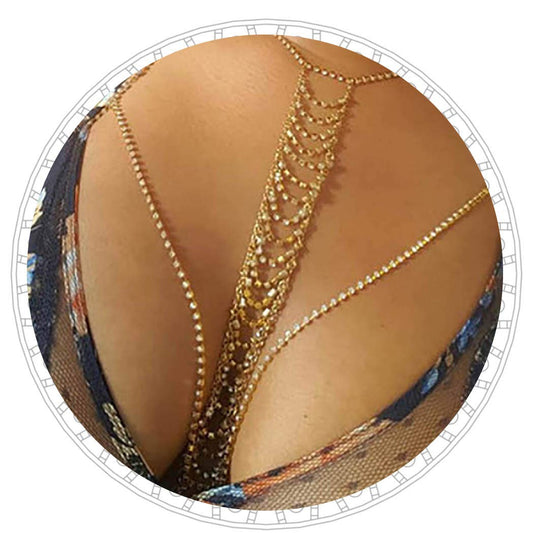 Jeweky Boho Crystal Body Chain Gold Rhinestone Harness Bra Jewelry Beach Bikini Body Jewelry for Women and Girls Apparel & Accessories > Jewelry > Body Jewelry Artist Unknown