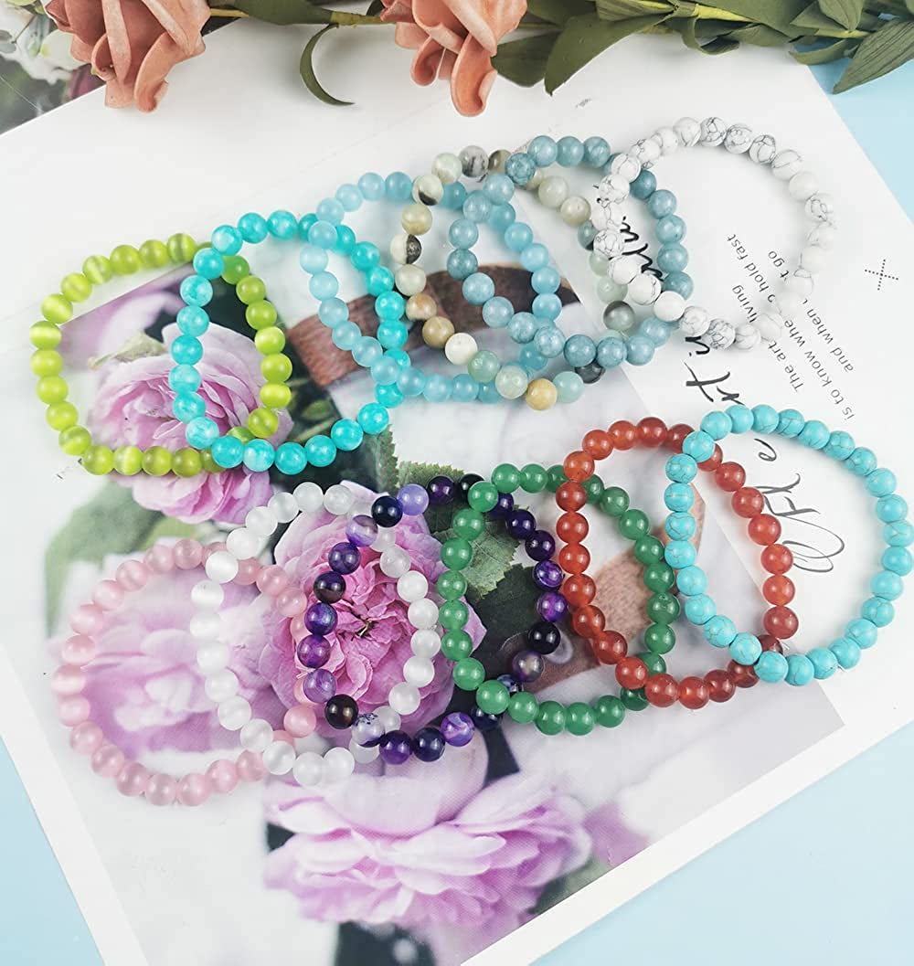 FINZOR 12 Pcs 8Mm Gemstones Beaded Bracelets for Women Men Stone Bead Healing Stretch round Bead Crystal Semi-Precious Bracelets Unisex Apparel & Accessories > Jewelry > Bracelets FINZOR