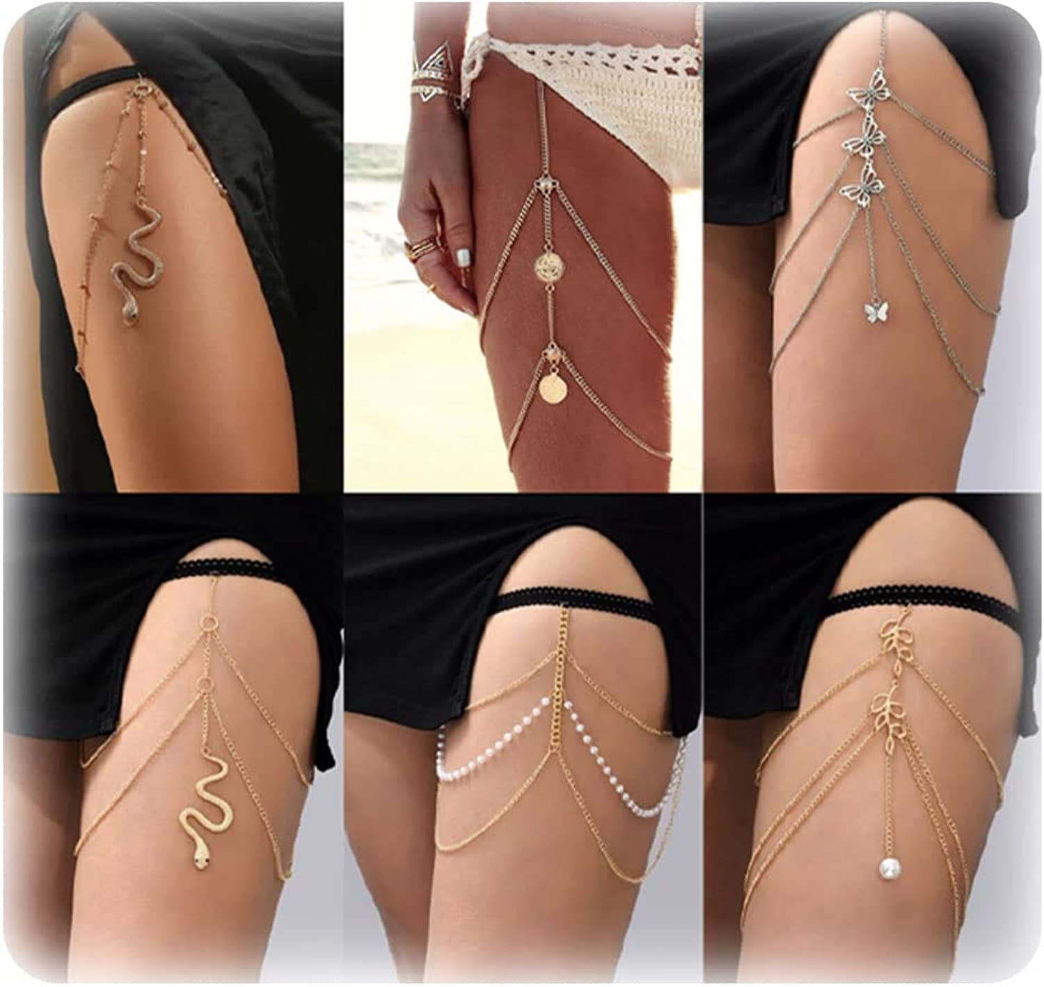 Snake Leg Chain for Women Thigh Chain for Girls Gold Snake Pendant Boho Body Chain for Beach Summer Holiday Apparel & Accessories > Jewelry > Body Jewelry HUASAI 6 Pcs