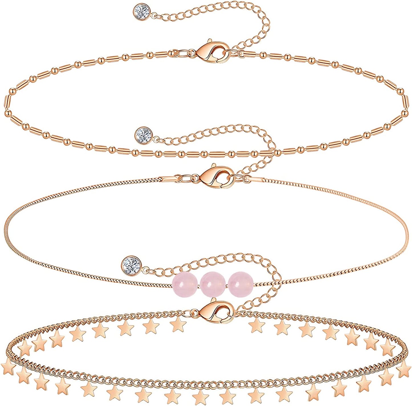 Gold Ankle Bracelets for Women 14K Gold Plated Anklet Silver Tennis Butterfly Star Coin Quartz Bead Snake Paperclip Chain Dainty Layered Anklet Set 3Pcs Jewelry Gifts for Teen Girls Apparel & Accessories > Jewelry > Anklets Vermeyen O-Rose Gold-Star