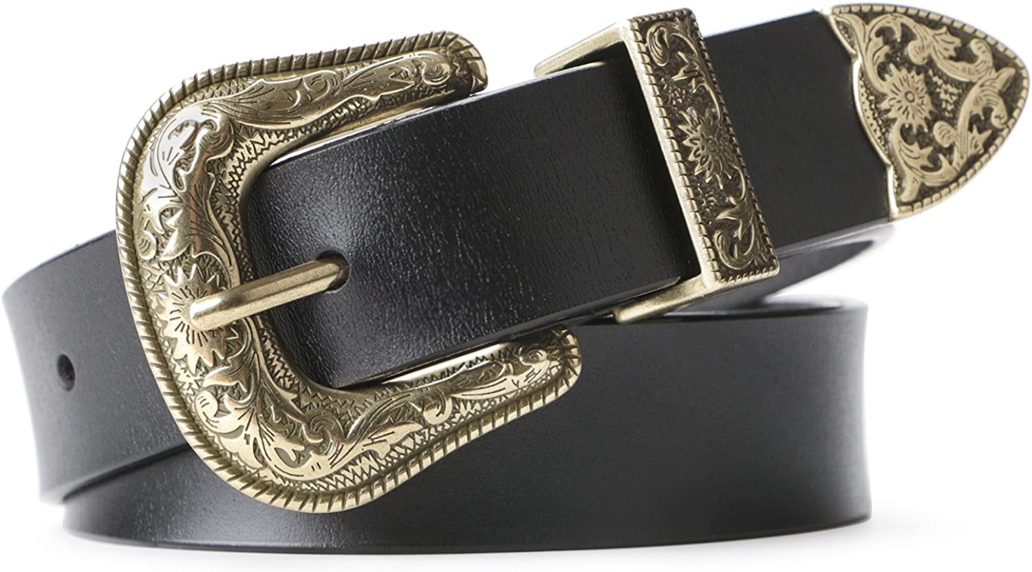 Women Leather Belts Ladies Vintage Western Design Black Waist Belt for Pants Jeans Dresses Apparel & Accessories > Clothing Accessories > Belts KYLIE MAX D-golden Buckle Suit Waist Size 38"-42"