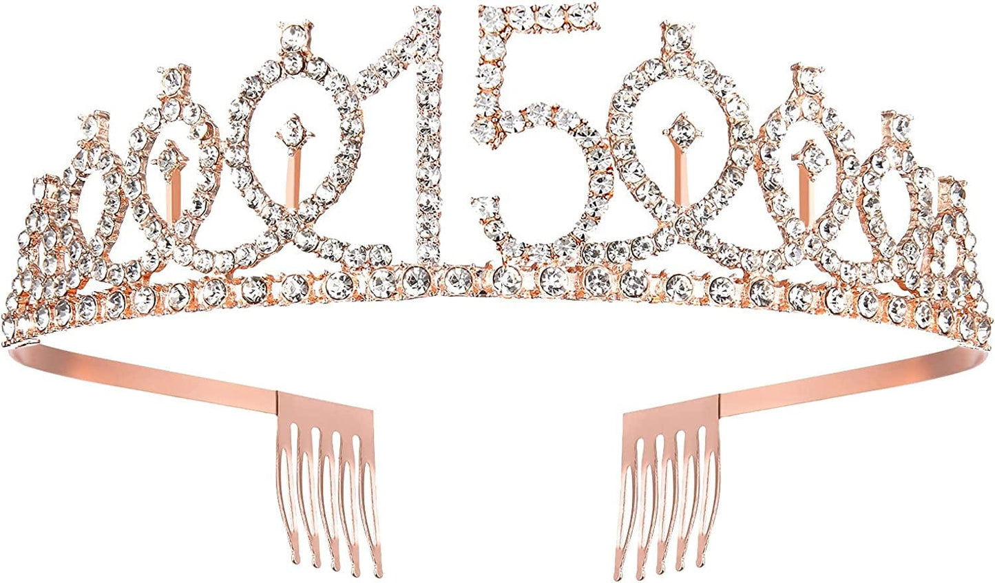 15Th Birthday Sash and Tiara for Girls, Rose Gold Birthday Sash Crown 15 & Fabulous Sash and Tiara for Girls, 15Th Birthday Gifts for Happy 15Th Birthday Party Favor Supplies Apparel & Accessories > Clothing Accessories > Sashes BRT Bearingshui